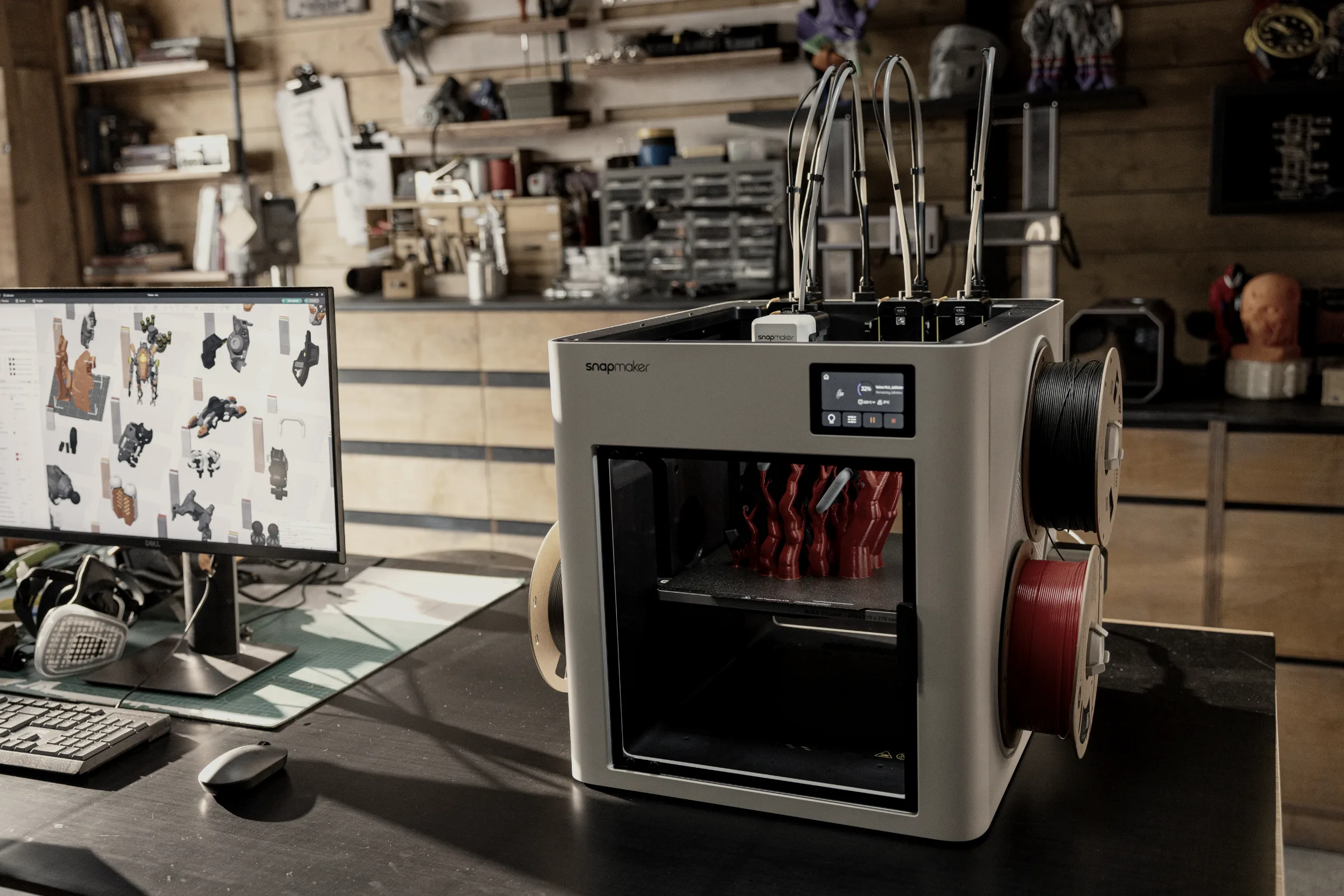 A row of 3D printers running in a small print farm.