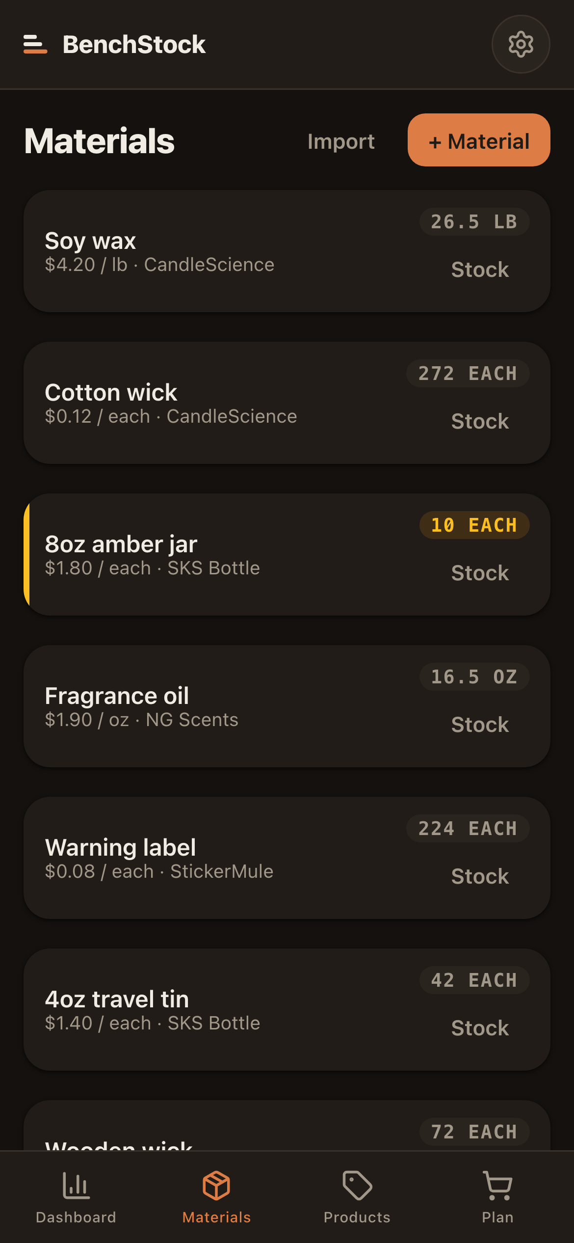 BenchStock — Materials
